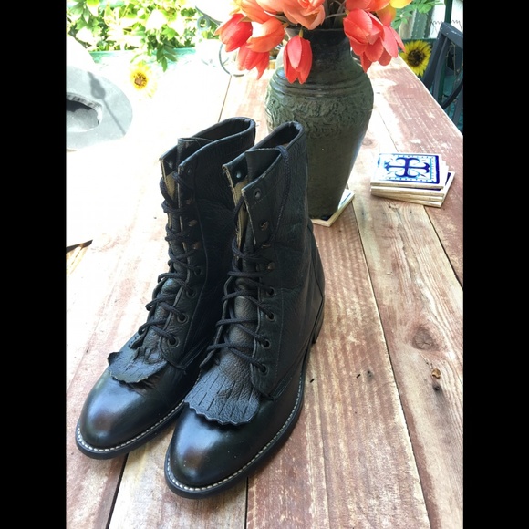 Vintage 100% Genuine Leather Lace up Boot Justin Women’s Black - Picture 2 of 15